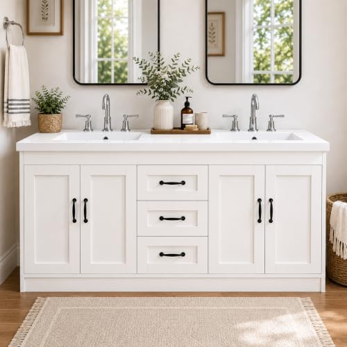 Nordee Axio 60 Bathroom Vanity with Double Sink Freestanding Bathroom Vanity with Integrated Sink Countertop 3 Drawers and 2 Storage Cabinets Double Sink Vanity Combo White
