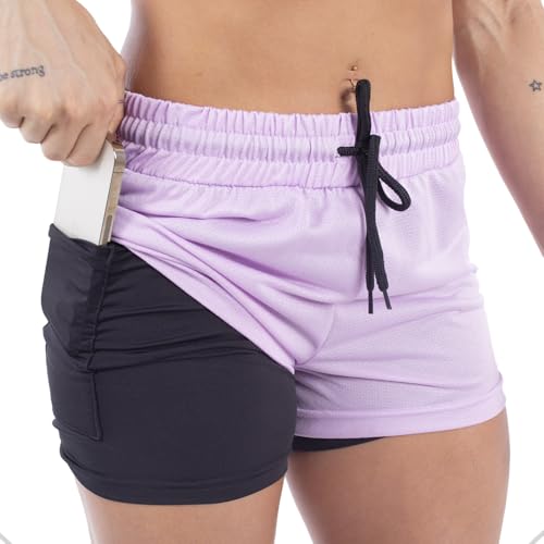 Shorts 2 em 1 Duplo Feminino Fitness com Bolso oculto para celular, para Academia caminhada treino R