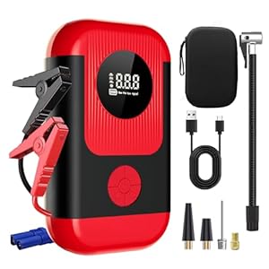 Tire Inflator Portable Air Compressor & Car Jump Starter, Cordless Air Pump with LED Light & Pressure Gauge for Auto,Motorcycles,Bikes,Balls, Emergency Battery Booster & Phone Charger,150PSI
