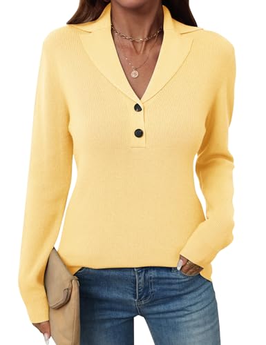 Image of LOMON Sweaters for Women 2025 Fall Knitted V-Neck Collared Button Pullover Dressy Casual Long Sleeve Polo Shirts Business