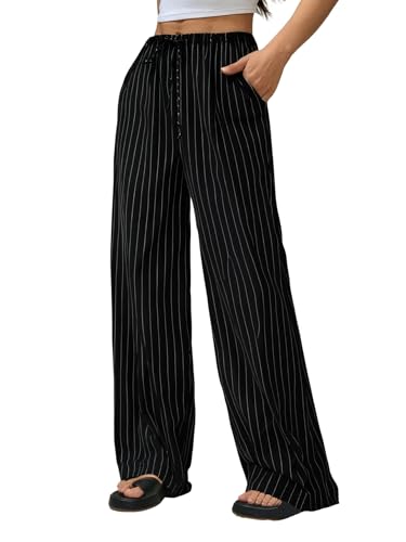 GORGLITTER Women's Striped Wide Leg Pants Pinstripe Pants Drawstring Waist Casual Baggy Trousers3