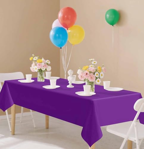 Image of SietDESEO 2 Pack Purple Plastic Tablecloth Rectangle 54 x 108 Premium Disposable Table Cloth Plastic Purple Table Cover for Wedding Baby Shower Party Decorations