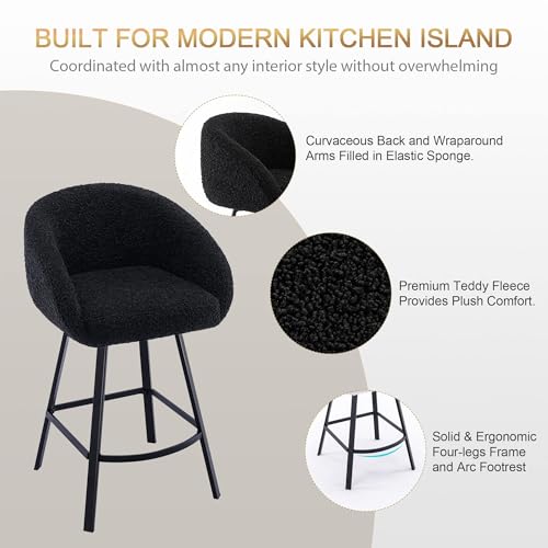 Image of Zesthouse Swivel Counter Height Stools Set of 2, Modern Bar Stools for Kitchen Island, 26'' Black Sherpa Kitchen Counter Height Chairs with Barrel Arms & Backs, Upholstered Fabric Bar Chairs