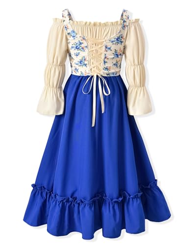 fioukiay Little Girl Renaissance Dress 4T Medieval Dress Toddler Kids 5T Beige and Royal Blue 4-5 T