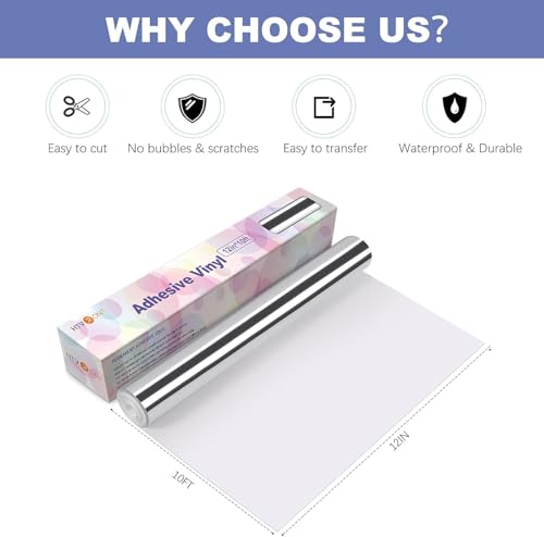 Image of HTVRONT Silver Chrome Permanent Vinyl - 12 inch x 10FT Mirror Metallic Silver Adhesive Vinyl Compatible with Cricut Cutting Machine - Easy to Weed & Transfer Silver