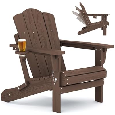 KINGYES Adjustable Folding Adirondack Chair, HDPE Reclining Adirondack Chair with Cup Holder, All Weather Resistance Embossing Oversize Adirondack Outdoor Chair, Brown