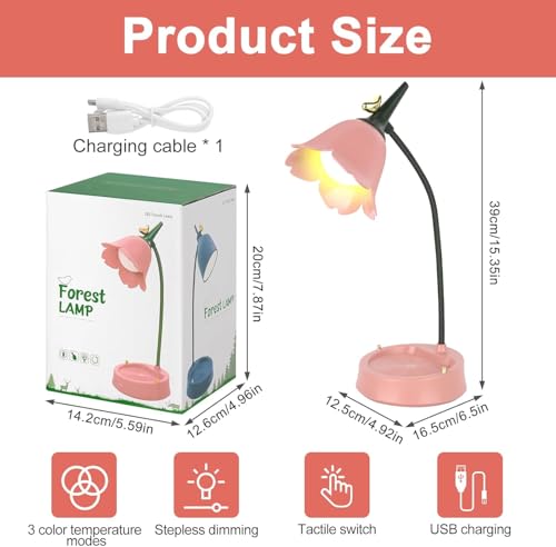 DAJASD Schreibtischlampe Kinder, Schreibtischlampe Mädchen, Dimmbare LED Tischlampe mit 3 Farbtemperaturen und Flexibles Arm, für Kinder Schlafzimmer Café (Rosa, 39x15x12.5cm)