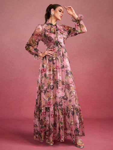 Image of TOLEEN Summer Casual Dresses for Women 2024 Spring Fashion Boho V Neck Long Sleeve Ruffle Floral Print Elegant Maxi Dress
