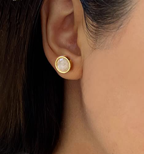 24K Gold Plated Gemstone Stud Earrings For Women | 10mm Round Stone Ear Studs2