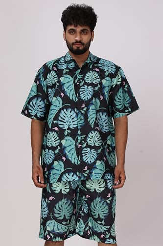 Image of BROWN CULTURE Men's Cotton Floral Print Co-ord Sets with Shirt & Shorts Collar Neck Standard Length and Button Down Closure Type | Night Suit for Men