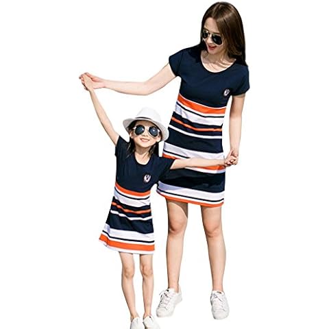 Summer Family Matching Clothes Striped Letter Print Dresses Cotton Mother Daughter Dresses Vintage Retro Girls Kids Ladies Sundress Boho Tunic Maxi Dress Casual Birthday Princess Party Dress Cover