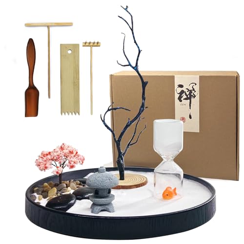 Desktop Zen Garden with Refillable Hourglass and Koi Fish – Miniature Japanese Rock Garden Kit with Sand, Rake, and Accessories – Stress Relief Desk Decor for Home & Office