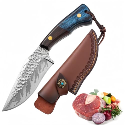LINMOHERUI Chef Knife 4 Inch BBQ Knife Meat and Fruit Knife High Carbon Steel Stainless Steel Pocket Kitchen Knives with Wood Handle and Leather Sheath for Home, Restaurant and Camping