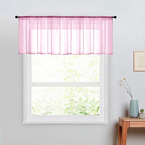 MRTREES Pink Sheer Kitchen Valance for Windows 1 Pack, Small Modern Rod Pocket Voile Valance Curtain Window Treatment Decor for Living Room Bathroom Cafe Laundry Basement, 54