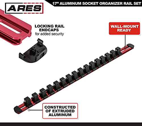 Ares 60124-3-Piece Red 17-Inch Aluminum Socket Rail Set With Locking End Caps - Includes 1/4-Inch, 3/8-Inch, And 1/2-Inch Drive Rails - Each Aluminum Rail Stores Up To 16 Sockets #TOP2