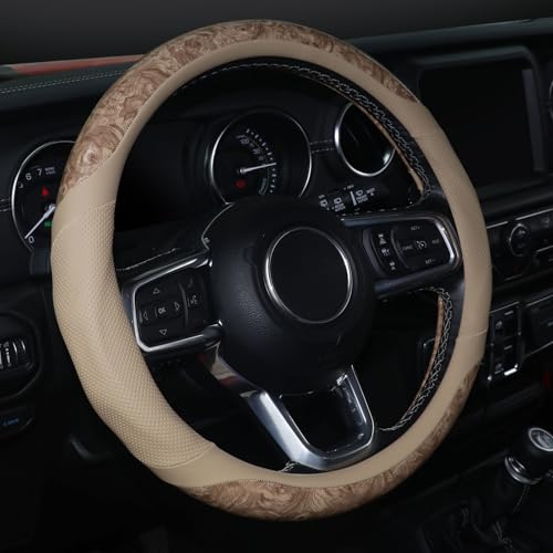 KAFEEK Wood Grain Steering Wheel Cover, Breathable Microfiber Leather, Non-Slip, Universal 14.5-15 inch Steering Wheel Accessory, Beige