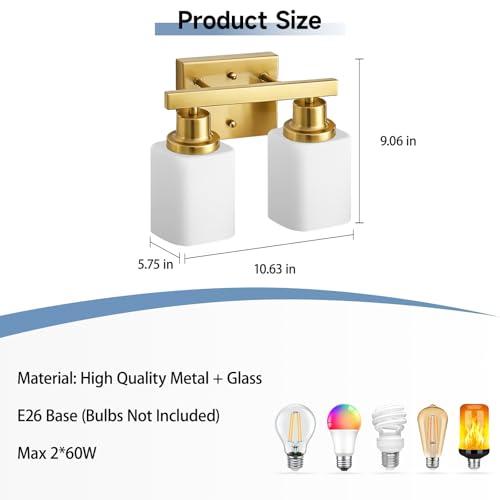 Image of 2 Light Gold Bathroom Light Fixtures,Brushed Gold Vanity Light with Clear Glass,Gold Bathroom Vanity Lights Over Mirror,Wall Sconces for Living Room,Bedroom,Hallway(E26 Base)