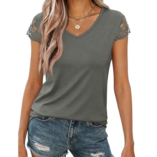 Image of Womens Tops V Neck Short Sleeve T Shirts Womens Summer Tops Casual Soft Basic Lace Tops Spring Summer Tees Clothes 2026