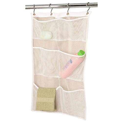 NANAN Quick Dry Hanging Bath Organizer with 6 Pockets, Hang on Shower Curtain Rod/Liner Hooks, Shower Organizer, Mesh Shower Organizer, Mesh Shower Caddy,Bathroom Accessories (White)
