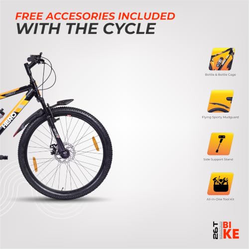 Image of Hero Next Sports 26T Single Speed Mountain Bicycle for Mens | Front Suspension | Disc Brake | Black-Orange| 85% Assembled Cycle