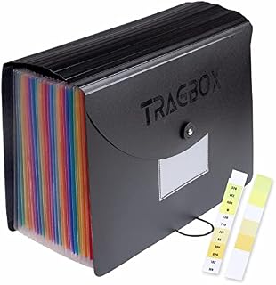 TRAGBOX 24 Pockets Expanding File Folder Organiser File Organiser Box Document Organiser, Files and Folders for Paperwork A4 with Lid and Colour Labels Box Folder & Accordion Filing Folders