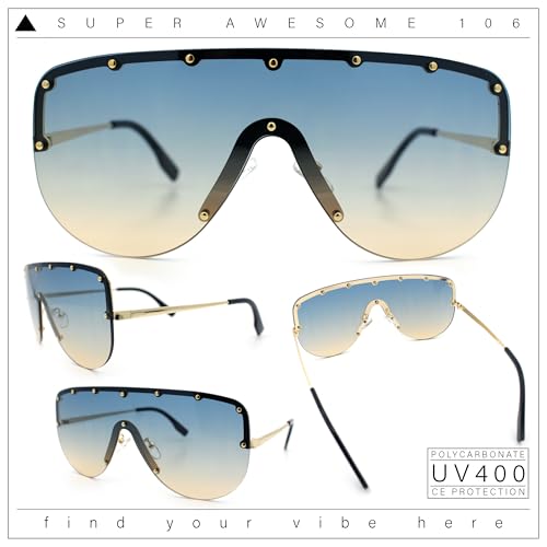 Metal Stud Flat Top Half Rim Rimless Shield Oversized Racer Sunglasses2