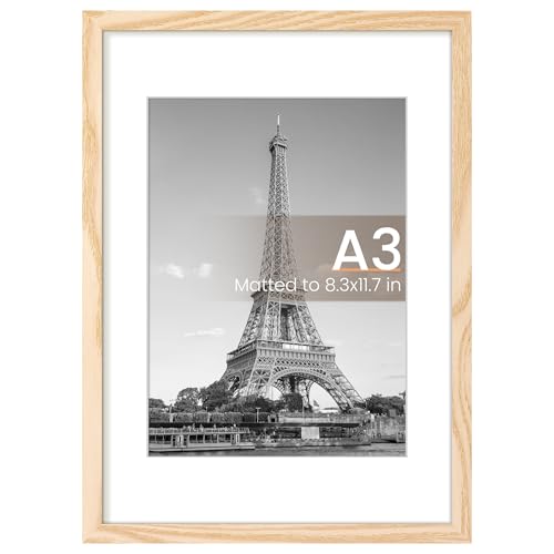 Image of upsimples A3 Picture Frame, Display Pictures 8.3x11.7 with Mat or 11.7 x 16.5 Without, Wall Hanging Poster Frames, Natural Style, 1 Pack