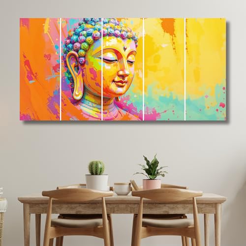 Image of Gautam Buddha MDF Wall Painting with Sparkle Laminated | Big Size Lord Buddha 5 Piece Wall Painting for Living Room Big Size | Wall Decor Items for Home, Office & Bedroom