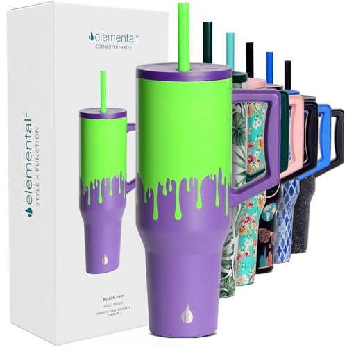 Image of Elemental Spill Proof 40oz Insulated Tumbler with Handle & Straw Travel Mug | Stainless Steel Commuter Travel Coffee Mug for Cold Beverages, Includes 2 Straws & a Spill Proof Lid for Everyday Use