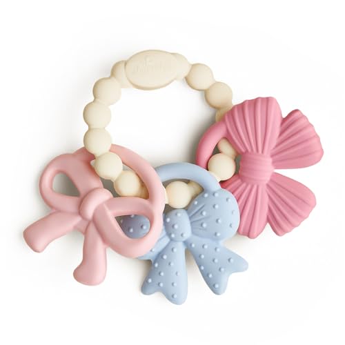 Itzy Ritzy Silicone Teether Trio for Babies - Soft Flexible BPA-Free Teething Toys with Textured Surfaces & Easy-Grip Ring for Sensory Play and Fine Motor Skill Development (Bows)