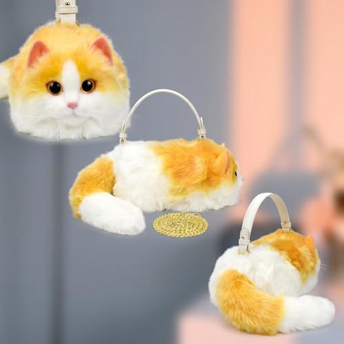 Image of Realistic Puffy Plush Cat Shaped Crossbody Handbag for Women