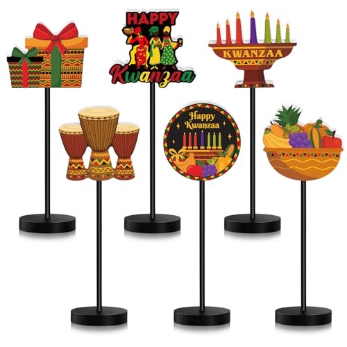 DoubleFill 6 Pcs Kwanzaa Table Decor Happy Kwanzaa Decoration for Table Centerpieces Wooden Standing Signs Tabletop Decor for Home Office Room Desk Party Supplies