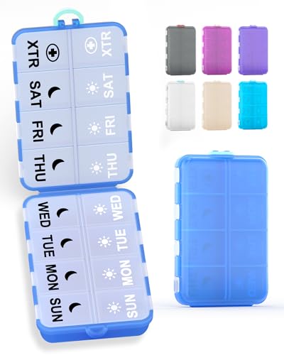 Image of Pill Organizer Travel Medicine Organizer - Weekly Pill Organizer with 2 Extra Compartments, Clear Printed Labels, AM PM Pill Dispenser