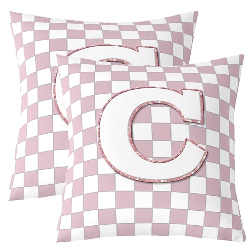 Image of Erosebridal Pink Initial C Throw Pillow Covers 24x24 Set of 2 Kawaii Plaid Checkered Cushion Cover Cute Personalized Monogram Throw Pillow Case for Bed Couch Sofa Fashion Grids Gingham Home Decor