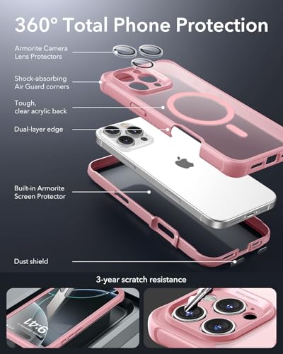Image of ESR for iPhone 16 Pro Max Case, Compatible with MagSafe, Full-Body Military-Grade Drop Proof Case with Built-in 9H+ Tempered Glass Screen Protector, Armor Series, Frosted Pink