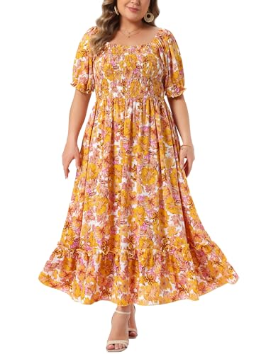 Image of Agnes Orinda Plus Size Dress for Women Short Sleeve Shirred Square Neck Floral Maxi Long Dresses
