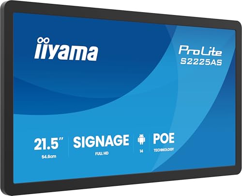 iiyama Prolite S2225AS-B1P 54.6 cm 21.5 Inch Digital Signage Display IPS LED Full HD USB-C Audio-Out USB 2.0/3.2 RJ45 Android 14 OS iiSignage² WiFi Bluetooth PoE 24/7 3H Anti-Glare Black