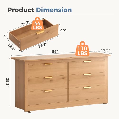 Image of 59 inch Wide Wood TV Stand with 6 Drawers & Metal Handles, Modern Media Console Storage Cabinet for Living Room, Bedroom, Entryway & Home Office