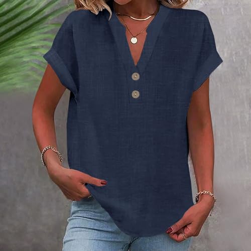 Linen Tops for Women 2025 Trendy Summer Short Sleeve Cotton Shirts Loose Causal Button V Neck Blouses Clothes