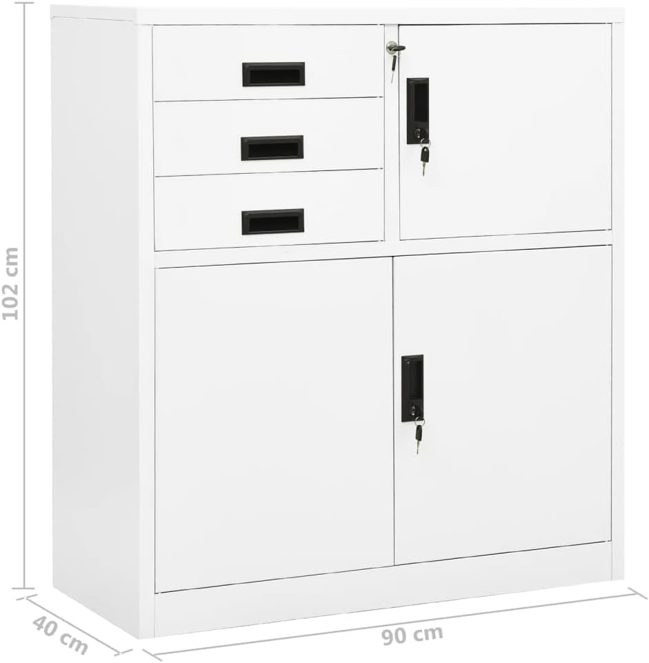 White Steel Office Cabinet Medium Size Rectangular Storage Locker with Locking Drawers and Adjustable Shelf for Home and Office Storage