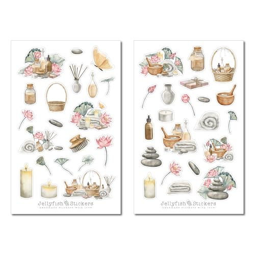 Jellyfish Stickers - Set d'autocollants bien-être - autocollants floraux, autocollants journal, autocollants serviette, fleur de lotus, fleurs, plantes, floral, salle de bain, bougies