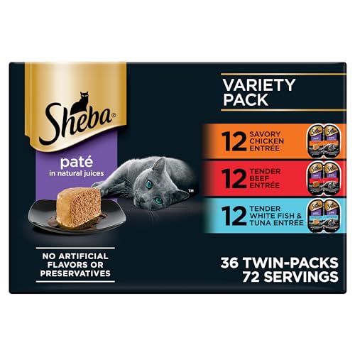 Image of Sheba Perfect Portions Wet Cat Food Pate, Savory Chicken, Tender Beef, Tender Whitefish & Tuna Entree, Cat Food Wet Recipe Variety Pack, 2.6 oz. Twin-Pack Trays (36 Count, 72 Servings)