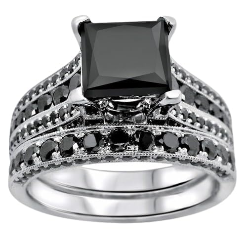 Santosh-Enterprises - 3Ct Princess Cut Lab Created Black Diamond Sterling Silver 925 Bridal-Sets Engagement Ring 14k White Gold Finish