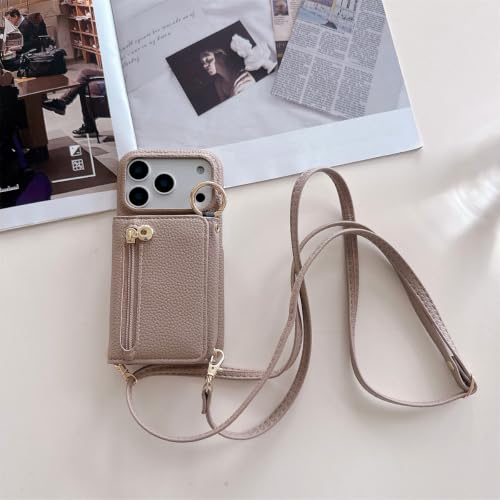 Étui iPhone 12 Mini camel en cuir avec portefeuille zippé et support