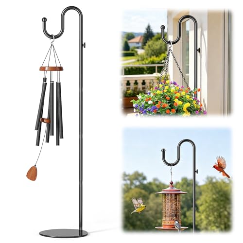 74 Shepherds Hook Stand Adjustable Wind Chime Stand with Heavy Duty Base Free Standing Plant Hanger Pole for Bird Feeders Lanterns Wreaths & Plants Indoor Outdoor Holds Up to 20 LBS Black