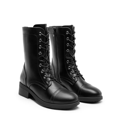 DREAM PAIRS Women's Lace up Mid Calf Combat Riding Military Boots,Size 8,Black