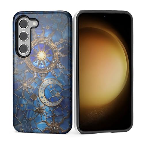 ZHEGAILIAN Case for Samsung Galaxy S23,Shockproof Hard Shell + Soft Silicone 2 in 1 Hybrid,Shockproof Bumper Drop Protective - Stained Glass Moon Sun