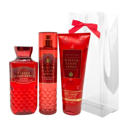 Bath & Body Works WINTER CANDY APPLE 3-piece Gift Set with a Red Bow for Holidays & Gifts - Body Wash, Mist, Body Cream - Full Size
