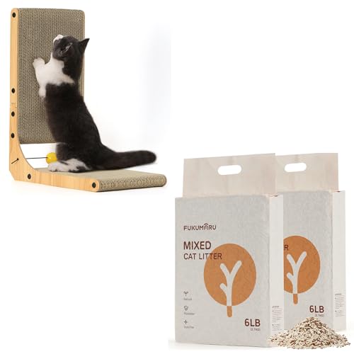 FUKUMARU 18.9 Inch L Shape Cat Scratcher and 2 Packs Tofu Cat Litter Applewood