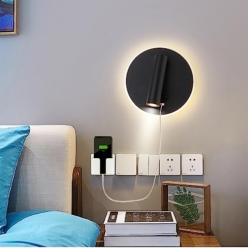 Image of USB Charging Port Wall Wash Light Black Bed LED with Interior Wall Adjustable Spotlight Reading lamp Wall lamp Bedroom Indoor Bedside Lamp 3000K (3W + 9W)